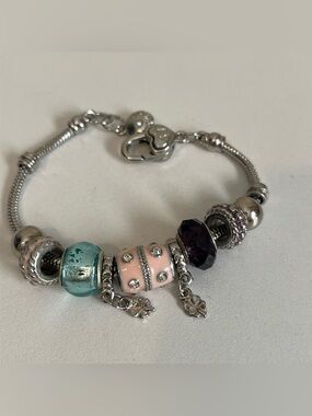 Pandora Silver Charm Snake Bracelet with Assorted Beads and Charms 8” aqua pink